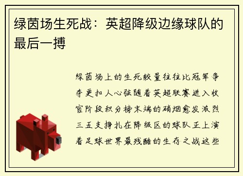 绿茵场生死战：英超降级边缘球队的最后一搏